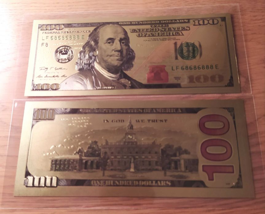 Лот от 5 бр. 100 долара-позлатени,сувенирни,пластични,релефни банкноти