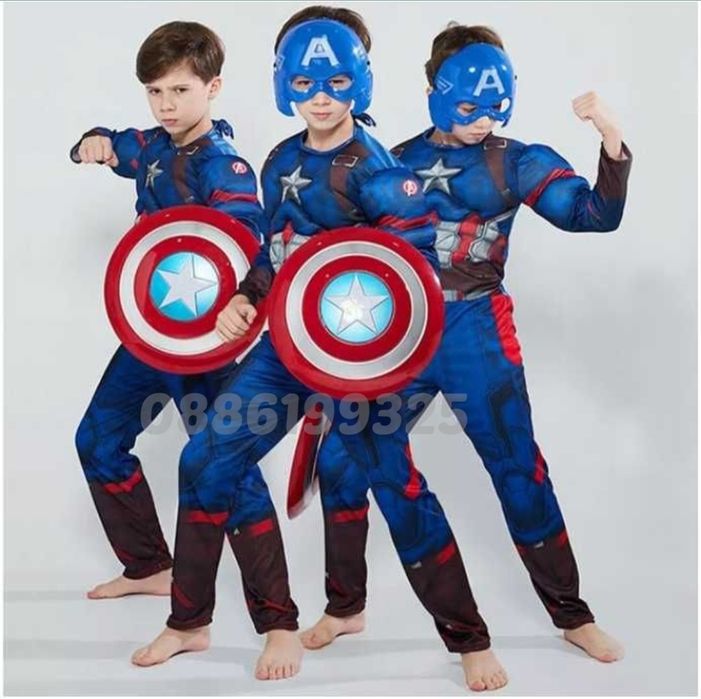 Детски костюм на Капитан Америка с мускули и маска + ПОДАРЪК