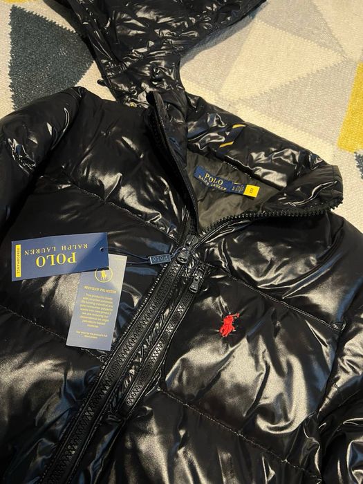 Geacă puffer toamna Polo Ralph Lauren neagră lucioasă – Mărimea L / 170 cm – Nouă cu etichete – Glugă detașabilă