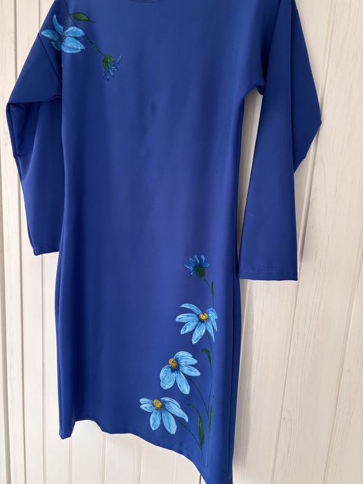 Rochie albastra, marimea S/M pictata manual