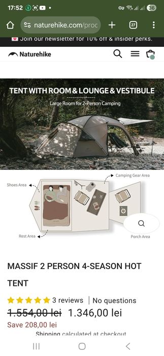 Vând cort Naturehike Massif  2 persoane 4 season Hot tent  NOU.
