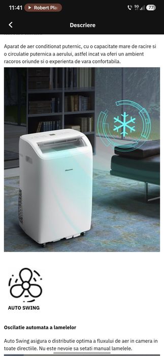 Aer conditionat portabil HISENSE APC12QC, 12000 BTU, A, Wi-Fi, Functie Dezumidificare, kit instalare inclus, alb