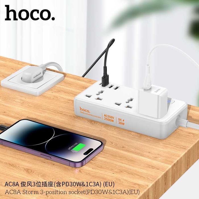 Hoco AC8A Storm Сетевой фильтр 3 розетками и USB-портами PD30W EU/GER