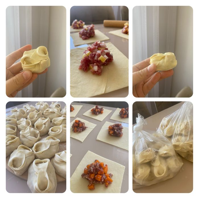 Домашние полуфабрикаты: манты, пельмени ручной лепки.