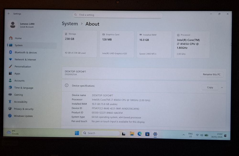 Lenovo ThinkPad L490 | I7 8565U | 16GB | 256 SSD