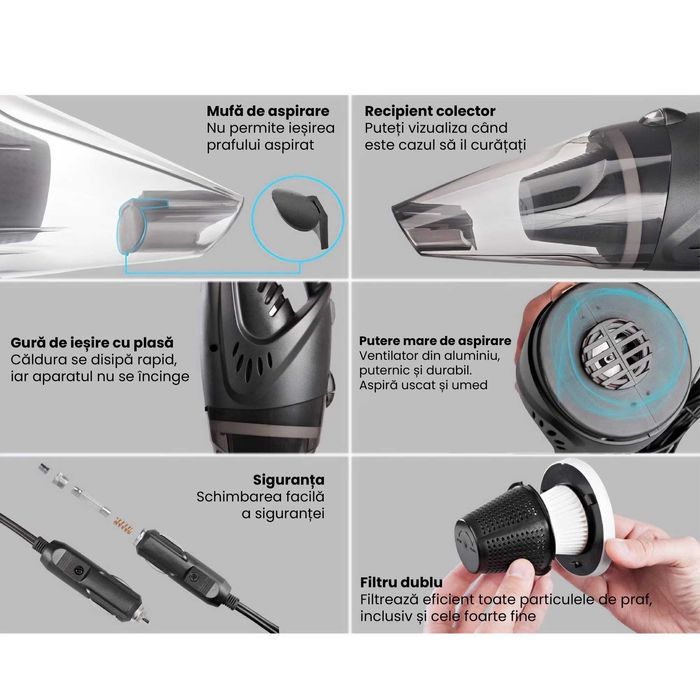 Aspirator auto, Roll Fast, 106 W, 12 V, 5000 Pa, cablu 5m, geanta