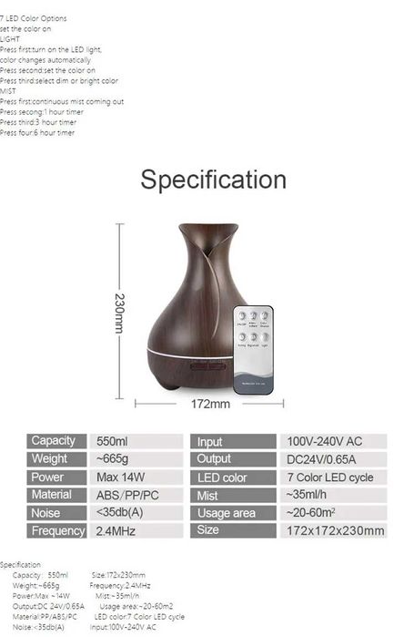 550мл Арома ултразвуков дифузер ваза за етерични масла, овлажнител