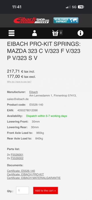 Спортни Пружини Eibach 30mm Мазда 323 + Подаръци