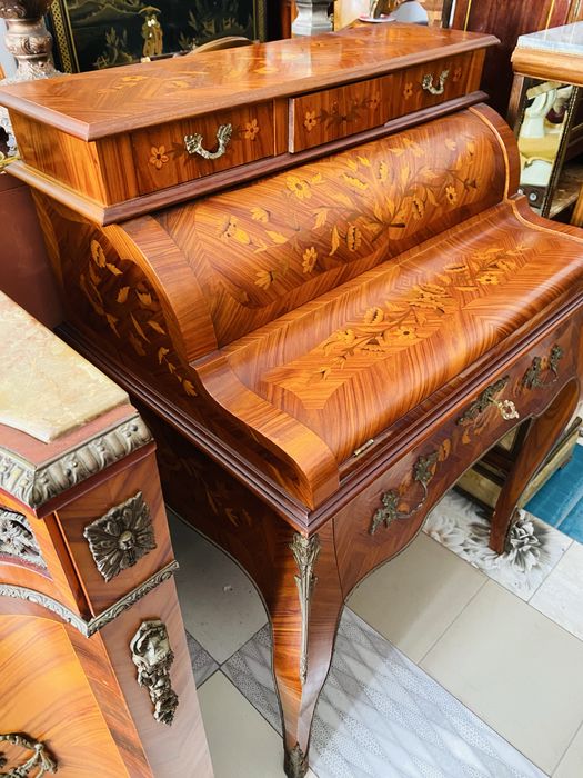Secretaire Vintage Lemn Intarsii Bronz Antic Comoda