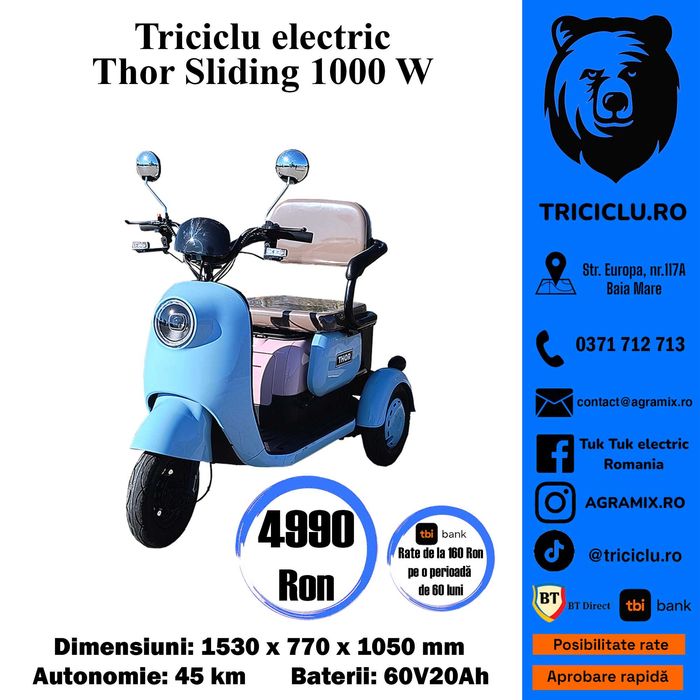 Triciclu electric THOR SLIDING nou motor 1000 W Agramix