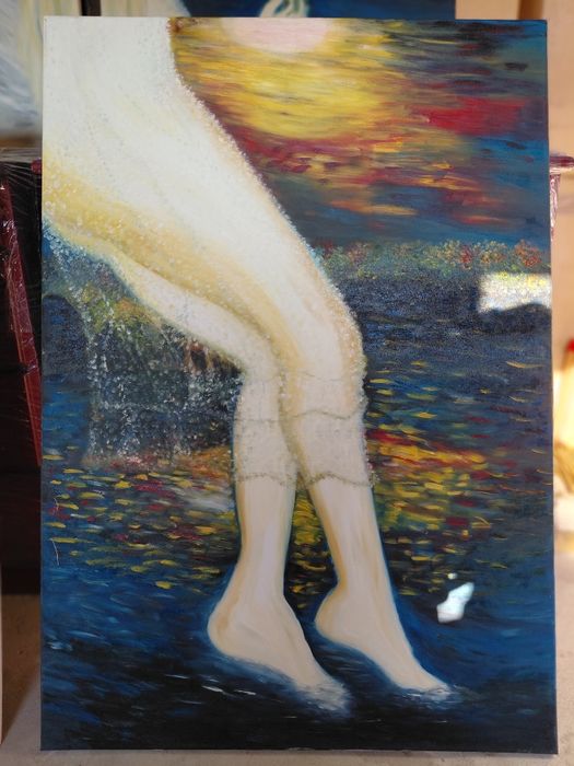 Tablou poliptic (set 4 piese) „Nimfă la apus” – Pictură în ulei, 140x200 cm, semnat