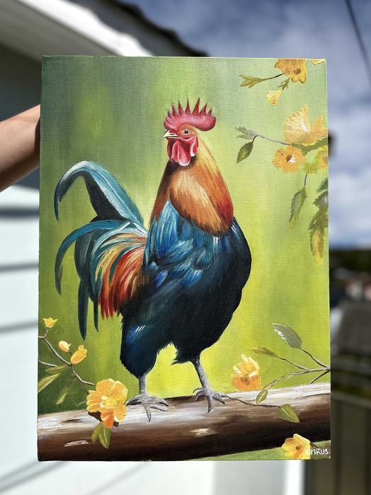 Tablou Pictură Ulei pe Pânză - Cocoș - 55x45 cm - Artă Originală