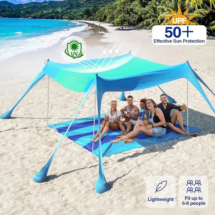 3x3м Плажна тента/ шатра за 8 човека, UPF 50+, 8 торби за пясък, Синя, Rhino Valley