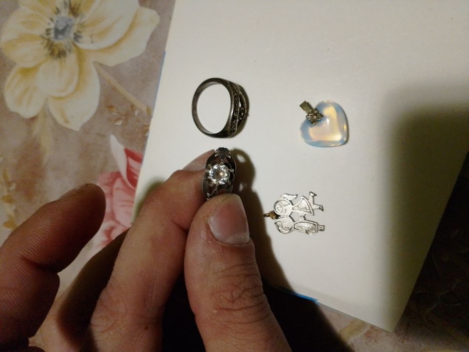 Сребърен пръстен 3х10-камък 875 проба, медальон сърце