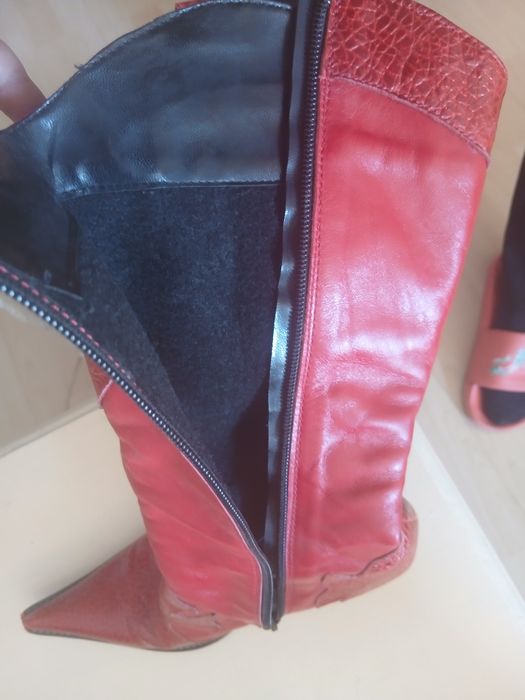 Cizme din piele naturală roșu bordo, bot ascuțit, toc 5 cm, 37