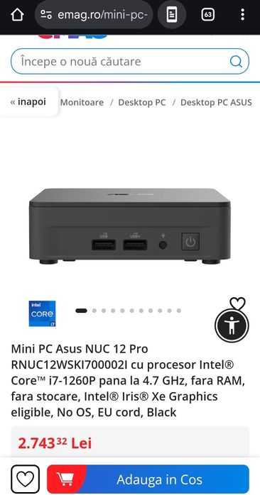 Mini PC Asus NUC 12 Pro RNUC12WSKI700002I cu procesor Intel® Core™ i7