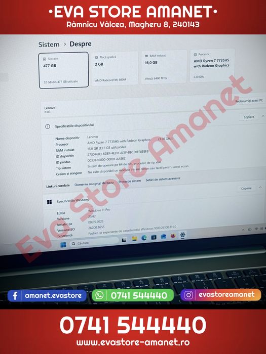 Laptop 15.6” LENOVO IdeaPad Slim 5 Procesor AMD Ryzen 7 7735HS 3.20 GHz 512GB SSD 16GB RAM Radeon 680M 2GB Windows 11 Battery Life: 13 Cicluri