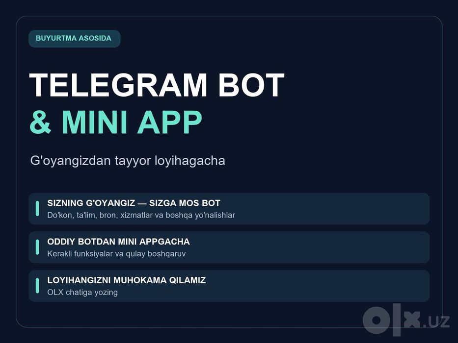 Буюртмага Telegram бот ва Mini App — ғоядан тайёр лойиҳага