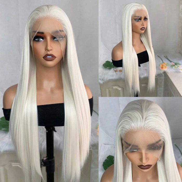 Платинено руса Lace Front перука - дълга права коса 80 см, термоустойчива, дантела 13×4