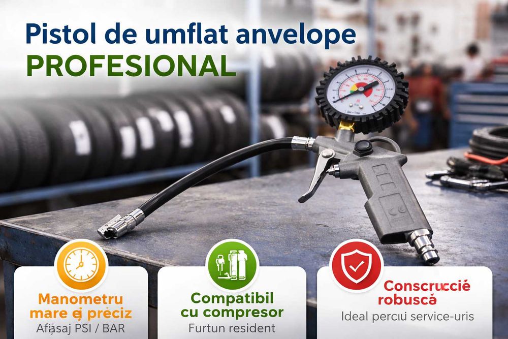 Pistol aer cu manometru pentru compresor roti auto