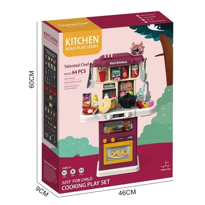 Bucatarie copii cu circuit apa real, cuptor, plita, 64 piese Violet