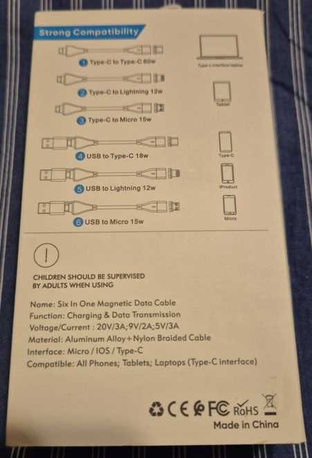 Cablu 6 in 1 Timebox Magnetic, Fast Charge 60W, QC 3.0, 1 m