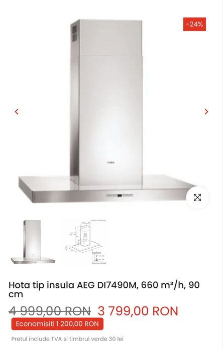 Hota insula AEG DI7490M, 660 m³/h, 90 cm