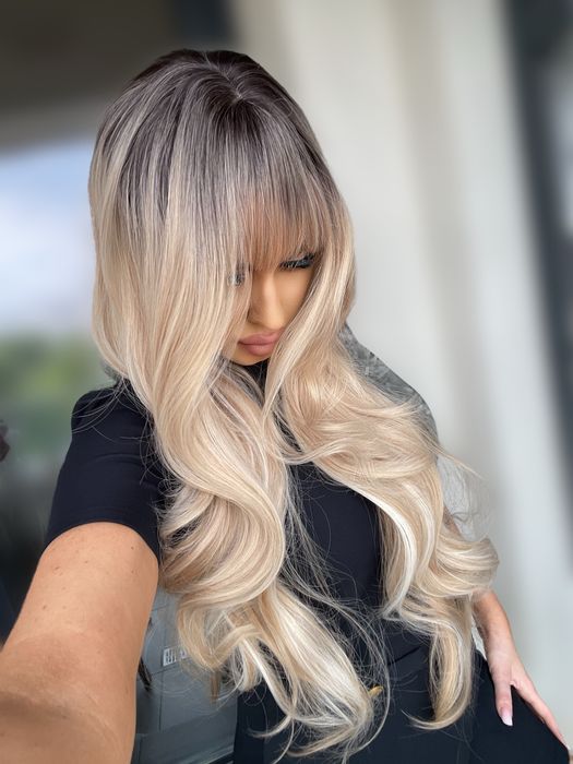 Peruca semi naturala blond nisipiu balayage lunga