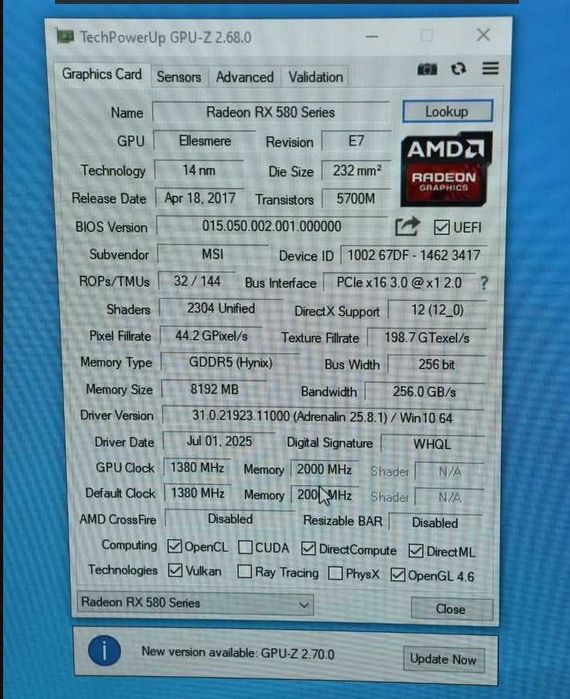 Видеокарта MSI RX580 8gb