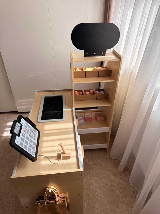 Piață de legume din lemn - tarabă mare XXL, magazin cu casă de marcat de joacă