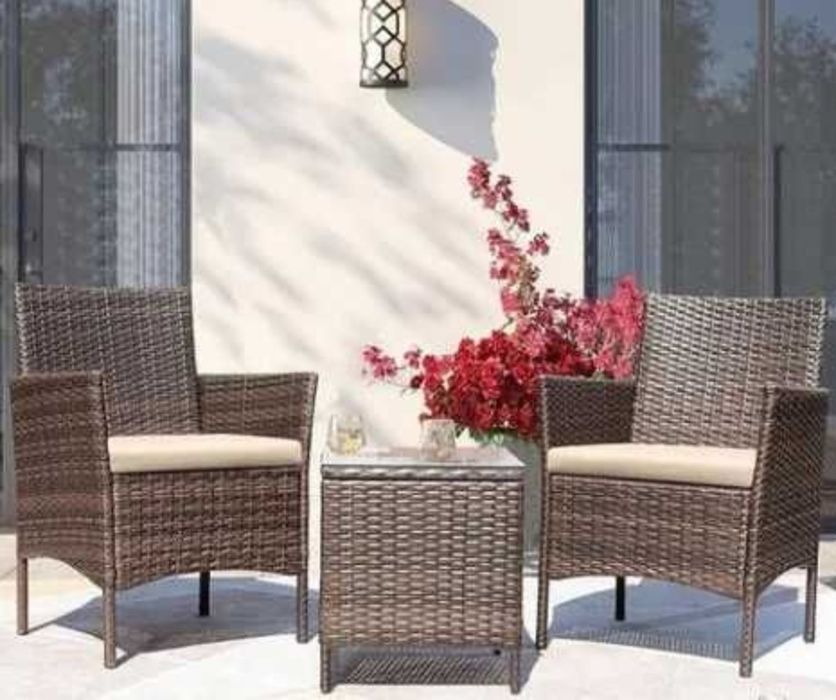 Ратанов Градински Комплект от 3 Части, Черен И Кафяв + Възглавнички