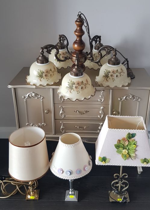 Candelabru/veioze vechi din bronz ceramică și lemn