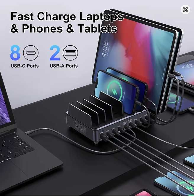 Зарядна станция за таблети, смартфони и лаптопи - Ueetop 600W USB Fast Charge 10-Port GaN Charging Station Laptop Tablet