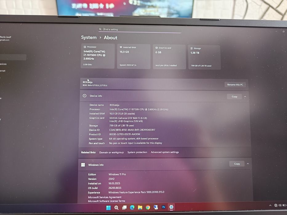 Laptop asus rog  i7 10750h /16gb/1650rtx, ecran de 17 inch, stare foarte buna
