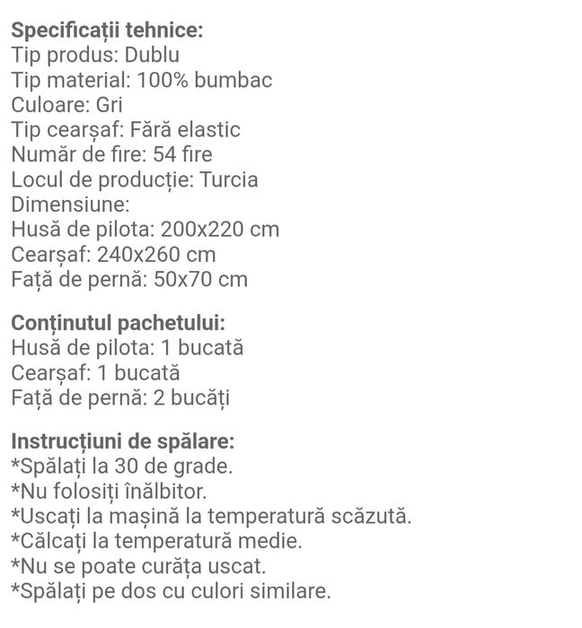 Set lenjerie pat dublu, 100% bumbac ranforce, cu imprimeu, gri