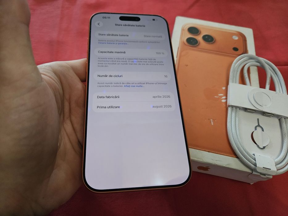 -Iphone 17Pro Max Nou 256Gb 12Ram Nefolosit Orange Bat: 100% 16 cicluri incarcare cutia completa poze reale