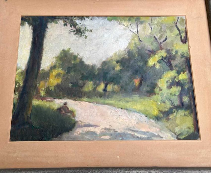 Traian Sfintescu (1905-1959) Tablou Peisaj In Cismigiu pe banca