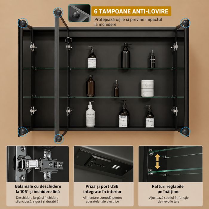 Dulap baie premium cu oglindă LED touch, priză + USB – design modern bej/negru, 3 uși