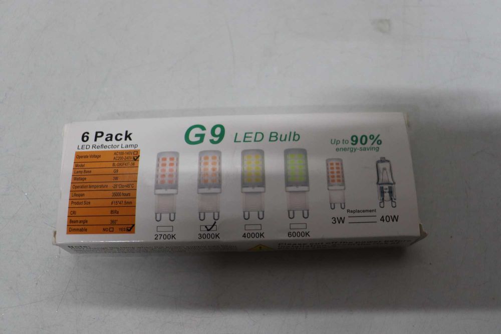 LED крушка BAOMING G9, недимируема, 3W (еквивалент на 40W) - 3000K топло бяла, без трептене, енергоспестяваща, пластмасова основа - пакет от 6 броя
