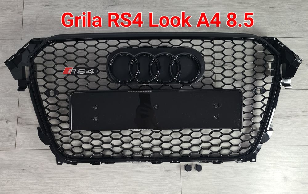 Grila-RS-Look-Fagure-Neagra-Lucios-Audi-A4-B8.5-2013-2014-2015-2016-Logo-Incluse-Suport-Incorporat-Calitate-Premium-Noua