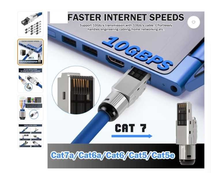 Conectori CAT7 RJ45 fără scule pachet 12 buc complet ecranat STP 10Gbps pentru cabluri LAN rigide – argintiu