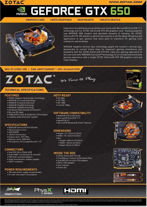 Видео карта ZOTAC GTX 650 Synergy Edition 2 GB