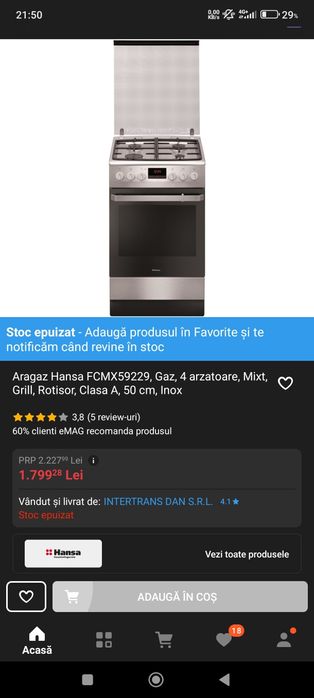 Aragaz Hansa FCMX59229, Gaz, 4 arzatoare, Mixt, Grill,Rotisor,Clasa A