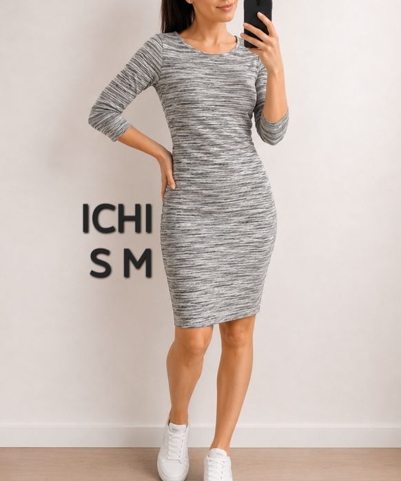 Rochie ICHI gri mulata casual chic elastica S M maneca 3 4 vascoza office