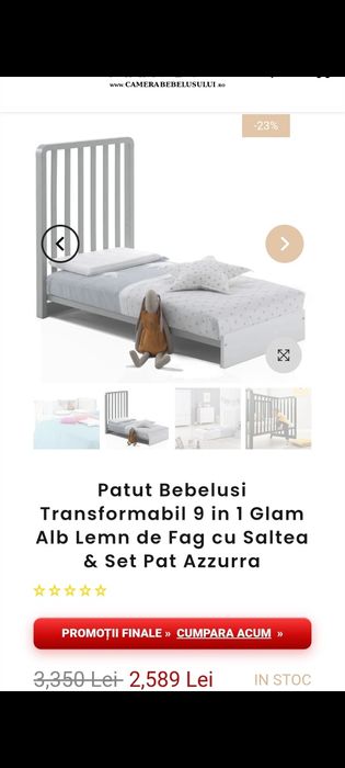 Patut Bebelusi Transformabil 9 in 1 Glam Alb Lemn de Fag cu Saltea & Set Pat Azzurra