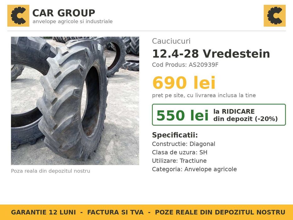 Cauciucuri 12.4-28 Vredestein Anvelope Tractor SH FACTURA Garantie Factura John Deere Fendt Case IH