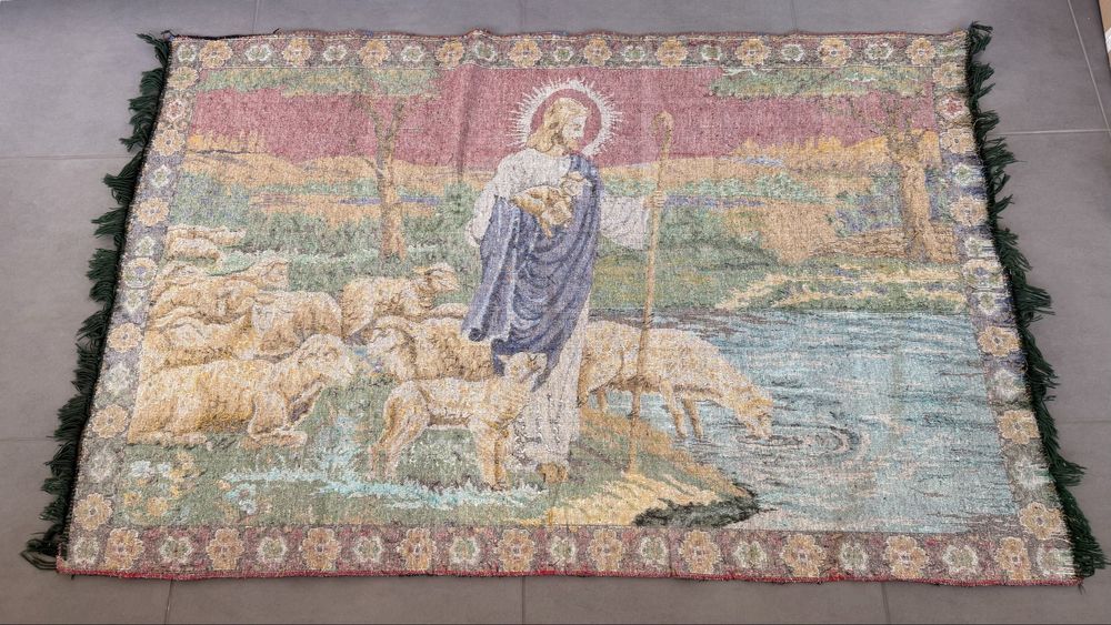 Carpeta / covoras Iisus, foarte vechi, lucrat manual, 114 x 172