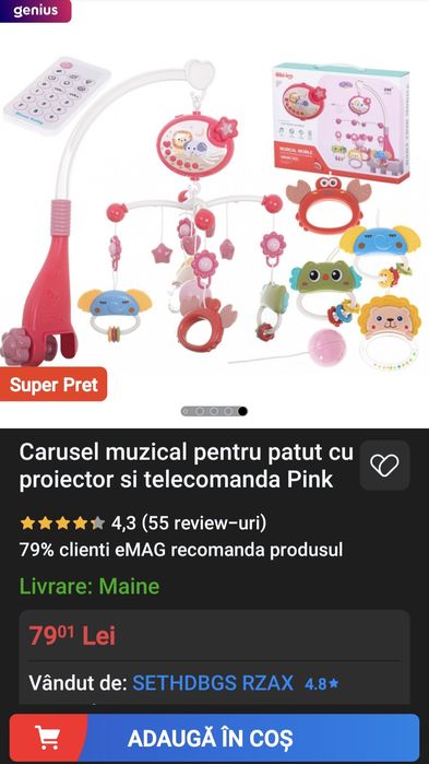 Carusel muzical, lumini,proiecție tavan cu telecomandă si 50% preț redus