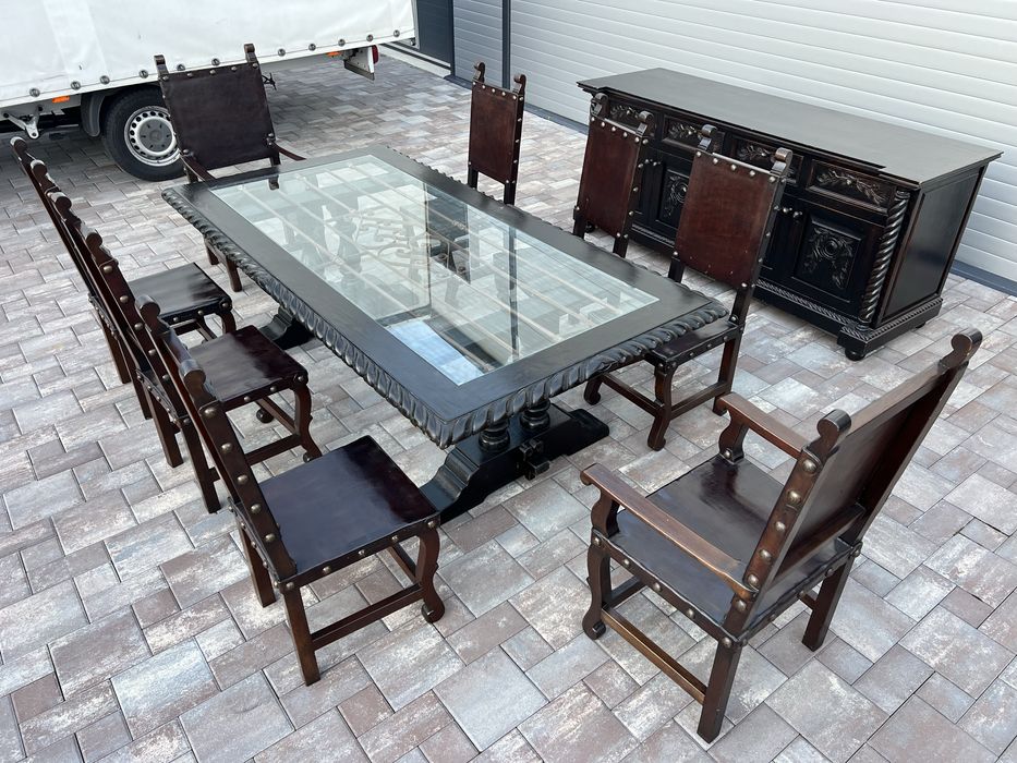 Set Masa Lemn Masiv + 8 Scaune + Servanta Stil Colonial Antic Baroc