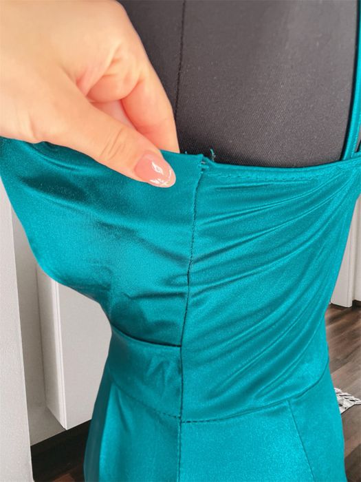 Rochie lunga de ocazie turcoaz satinat S